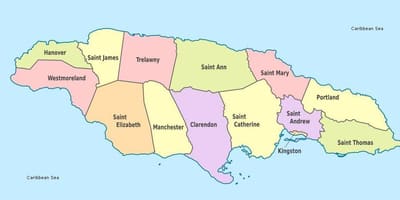 Žemėlapis jamaika west indies, su seniūnijomis
