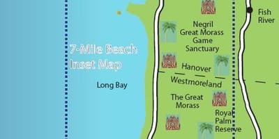 Žemėlapis negril jamaikos 7 mile paplūdimys